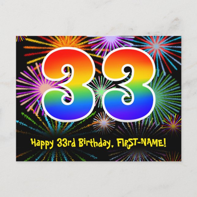 33rd Birthday – Fun Fireworks Pattern + Rainbow 33 Postcard (Front)