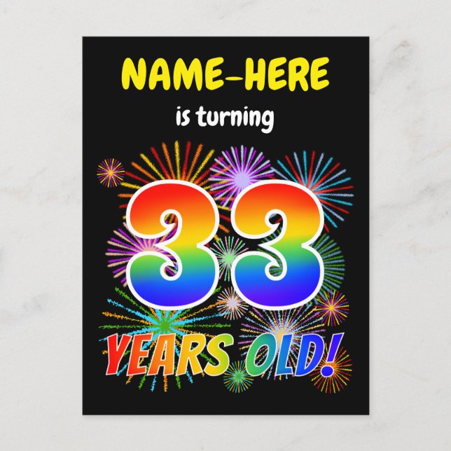 33rd Birthday - Fun Fireworks, Rainbow Look "33" Postcard (Front)