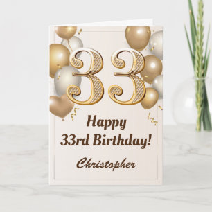 33rd Birthday Gold Balloons and Confetti Birthday Card