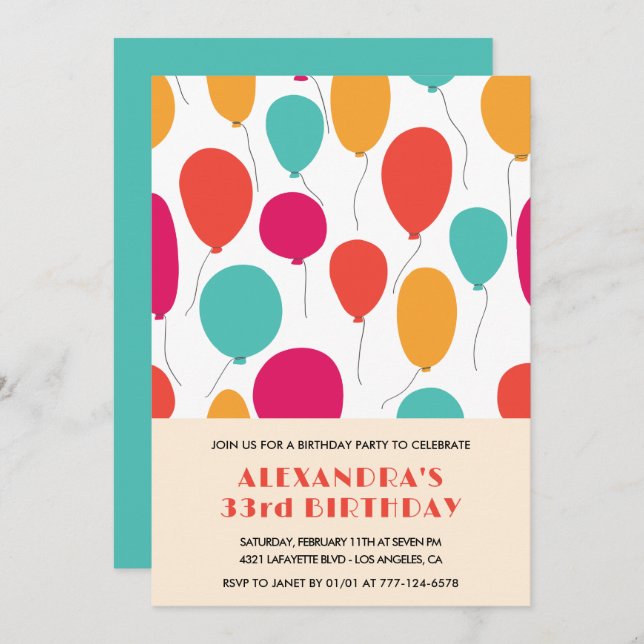 33rd birthday invitation Balloons Colourful (Front/Back)