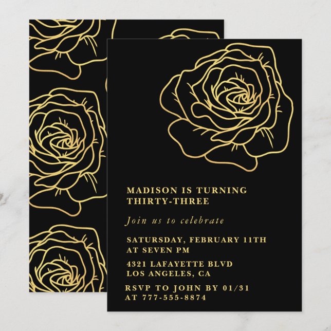 33rd birthday invitation Gold Black Flowers (Front/Back)
