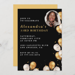 33rd birthday invitation Photo Balloon Black Gold