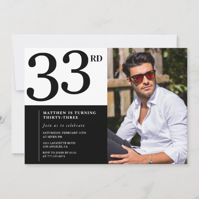 33rd birthday invitation Photo Black White Men (Front)