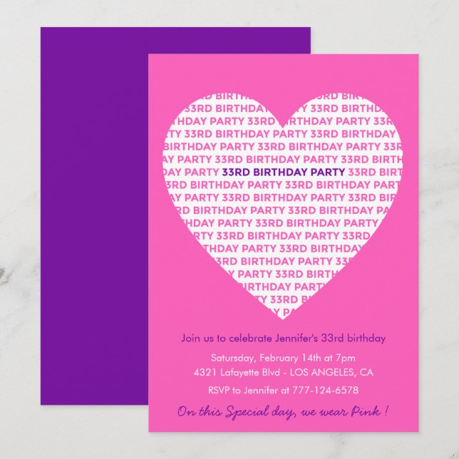 33rd birthday invitation Pink Big heart (Front/Back)