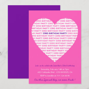 33rd birthday invitation Pink Big heart