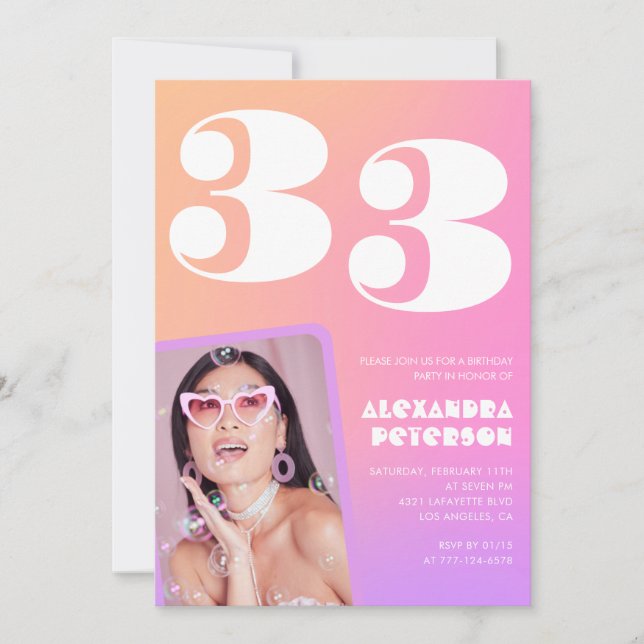 33rd birthday invitation Retro Pink Photo (Front)