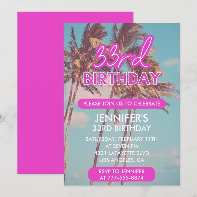 33rd birthday invitations pink neon glow (Front/Back)