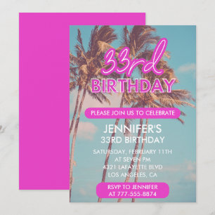 33rd birthday invitations pink neon glow