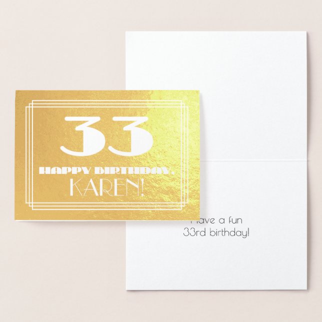 33rd Birthday: Name + Art Deco Inspired Look "33" Foil Card (Display)
