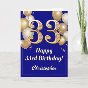 33rd Birthday Navy Blue and Gold Balloons Confetti Card