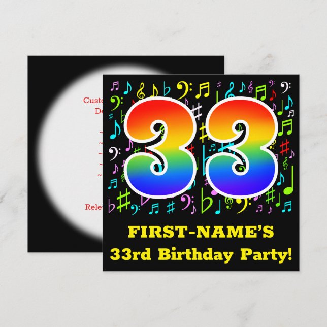 33rd Birthday Party: Fun Music Symbols, Rainbow 33 Invitation (Front/Back)