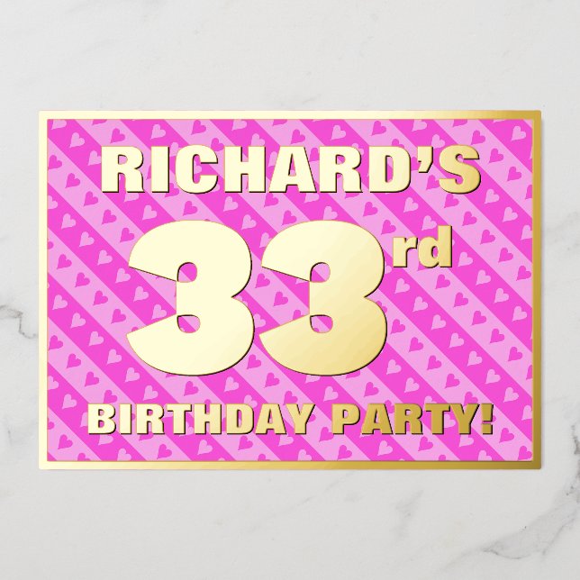33rd Birthday Party — Fun Pink Hearts and Stripes (Front)