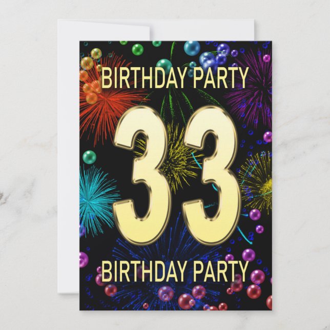 33rd Birthday Party Invitation Fireworks Bubbles (Front)