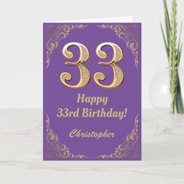 33rd Birthday Purple and Gold Glitter Frame Card (Front)