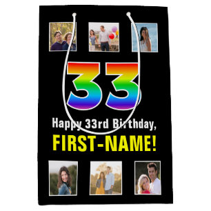 33rd Birthday: Rainbow “33“, Custom Photos & Name Medium Gift Bag