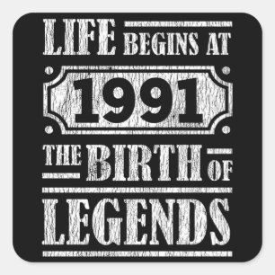 34 Year Old 1991 Birth Of Legend 34th Birthday Square Sticker