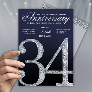 34th Anniversary Diamond Silver Navy Blue Invitation