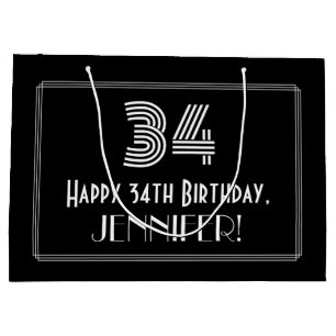 34th Birthday — Art Deco Inspired Look "34" & Name Large Gift Bag