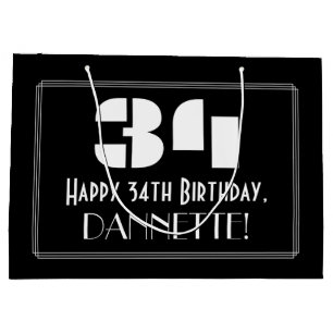 34th Birthday ~ Art Deco Inspired Look "34" + Name Large Gift Bag