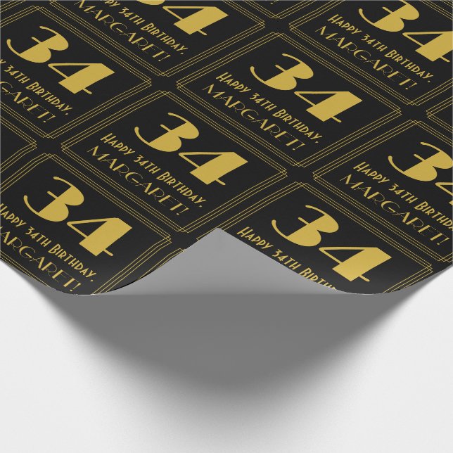 34th Birthday ~ Art Deco Inspired Look "34", Name Wrapping Paper (Corner)