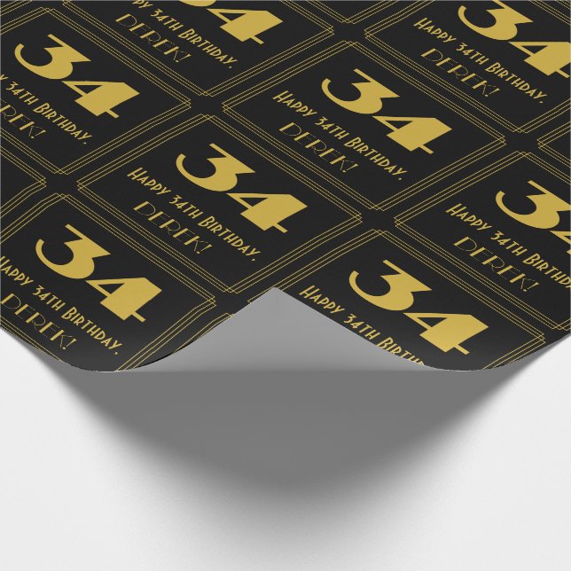 34th Birthday – Art Deco Inspired Look "34" & Name Wrapping Paper (Corner)