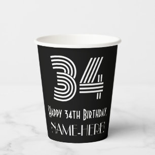 34th Birthday — Art Deco Inspired Look “34” Paper Cups