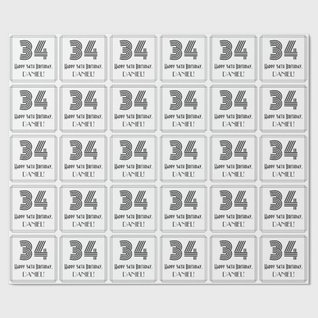 34th Birthday: Art Deco Inspired Style "34" + Name Wrapping Paper (Flat)
