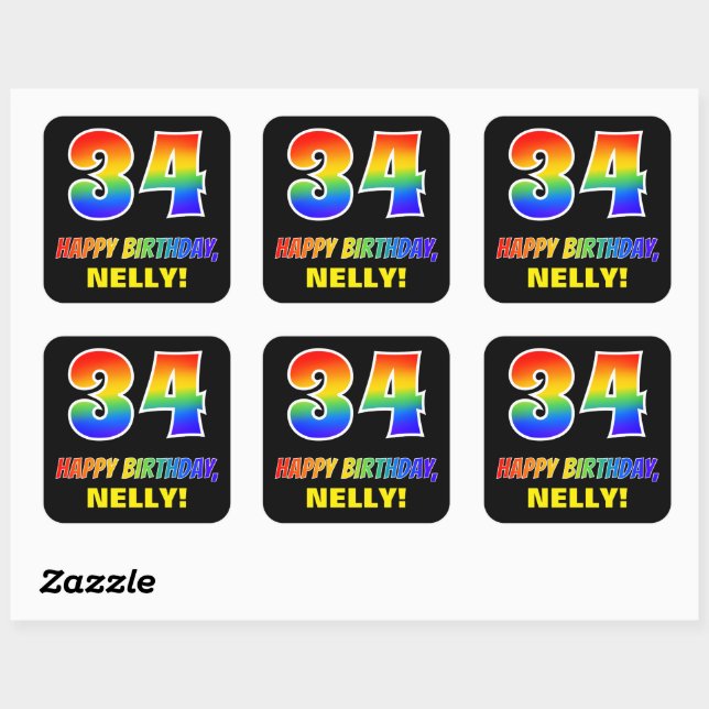 34th Birthday: Bold, Fun, Simple, Rainbow 34 Square Sticker (Sheet)