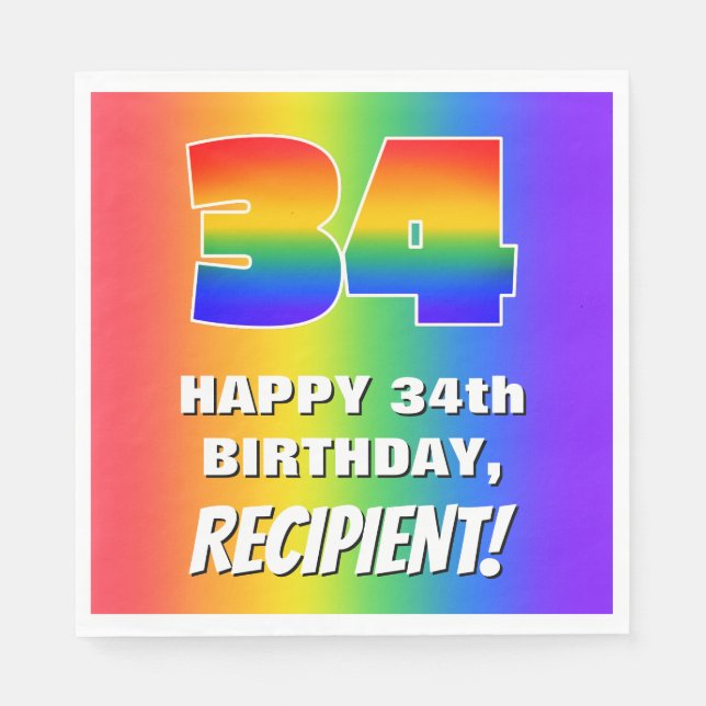 34th Birthday: Colorful, Fun Rainbow Pattern # 34 Napkin (Front)