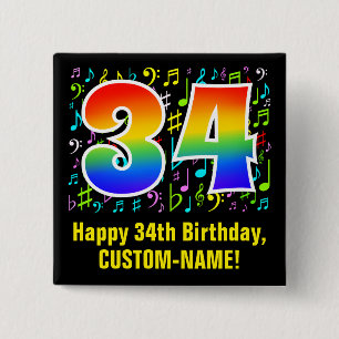 34th Birthday: Colorful Music Symbols, Rainbow 34 2 Inch Square Button