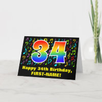 34th Birthday: Colorful Music Symbols & Rainbow 34