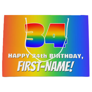 34th Birthday: Colourful, Fun Rainbow Pattern # 34 Large Gift Bag