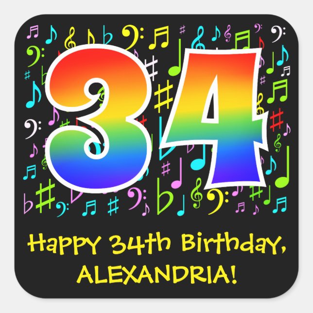 34th Birthday: Colourful Music Symbols, Rainbow 34 Square Sticker (Front)