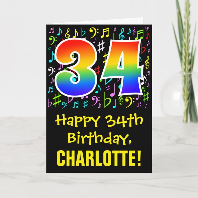 34th Birthday: Colourful Music Symbols + Rainbow 3 Card (Front)