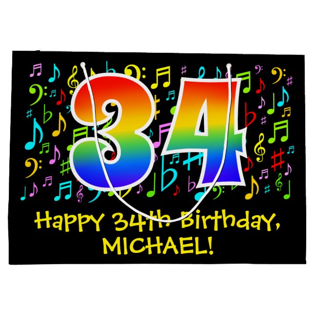 34th Birthday - Colourful Music Symbols, Rainbow 3 Large Gift Bag (Back)