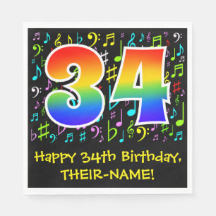 34th Birthday - Colourful Music Symbols, Rainbow 3 Napkin