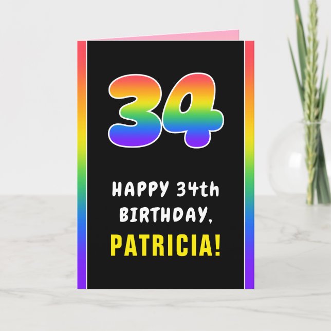 34th Birthday: Colourful Rainbow # 34, Custom Name Card (Front)