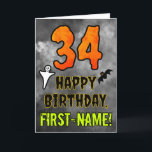 34th Birthday: Eerie Halloween Theme   Custom Name Card<br><div class="desc">The front of this scary and spooky Halloween themed birthday greeting card design features a large number “34”, along with the message “HAPPY BIRTHDAY, ”, and a customizable name. There are also depictions of a ghost and a bat on the front. The inside features a custom birthday greeting message, or...</div>