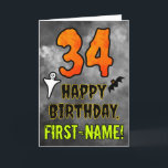 34th Birthday: Eerie Halloween Theme   Custom Name Card<br><div class="desc">The front of this scary and spooky Halloween themed birthday greeting card design features a large number “34”, along with the message “HAPPY BIRTHDAY, ”, and a customizable name. There are also depictions of a ghost and a bat on the front. The inside features a custom birthday greeting message, or...</div>