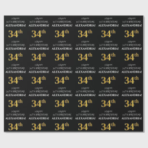 34th Birthday: Elegant, Black, Faux Gold Look Wrapping Paper