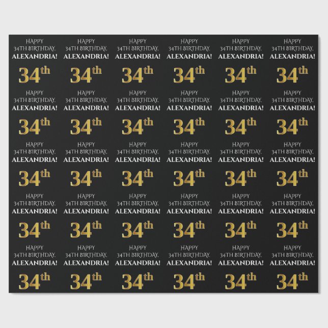 34th Birthday: Elegant, Black, Faux Gold Look Wrapping Paper (Flat)