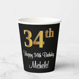 34th Birthday - Elegant Luxurious Faux Gold Look # Paper Cups