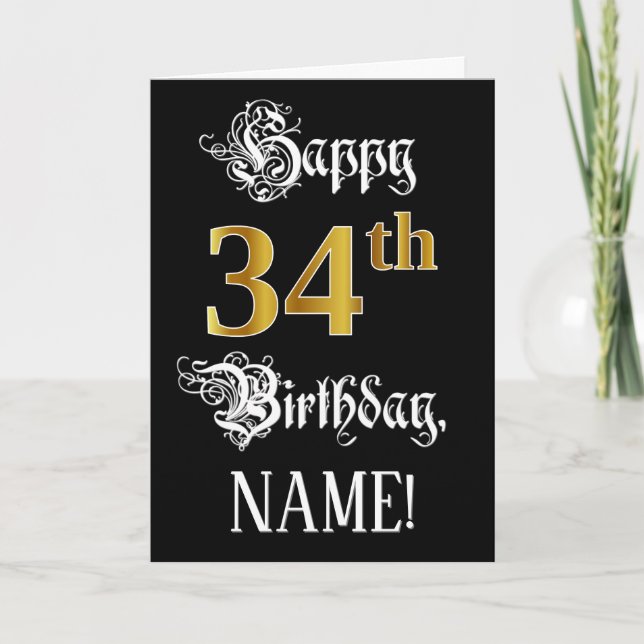 34th Birthday — Fancy Script; Faux Gold Look; Name Card (Front)