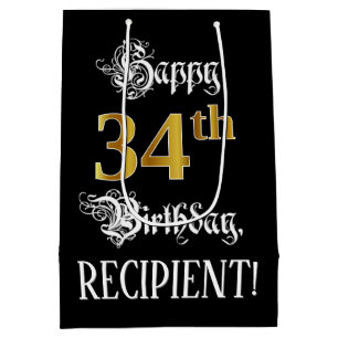 34th Birthday ~ Fancy Script; Faux Gold Look; Name Medium Gift Bag