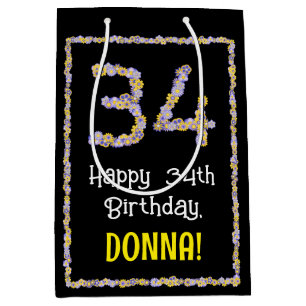 34th Birthday: Floral Flowers Number, Custom Name Medium Gift Bag