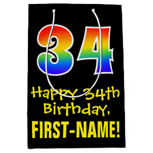 34th Birthday: Fun, Bold, Colourful, Rainbow "34" Medium Gift Bag