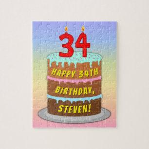 34th Birthday: Fun Cake and Candles + Custom Name Jigsaw Puzzle