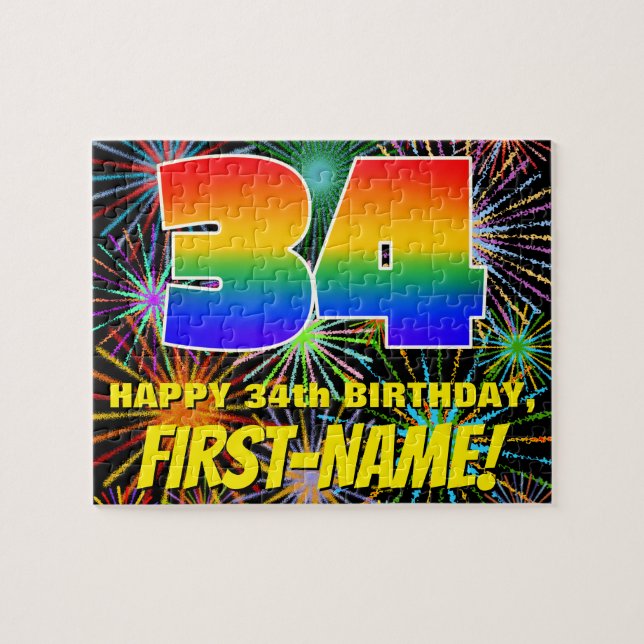 34th Birthday: Fun, Colourful Celebratory Firework Jigsaw Puzzle (Horizontal)
