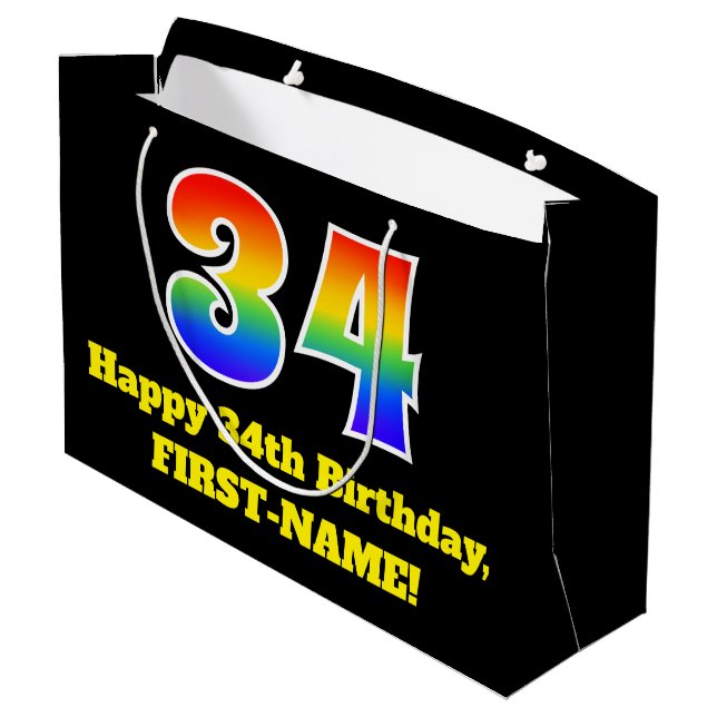 34th Birthday ~ Fun, Colourful, Vibrant, Rainbow 3 Large Gift Bag (Back Angled)
