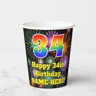34th Birthday: Fun Fireworks Pattern + Rainbow 34 Paper Cups